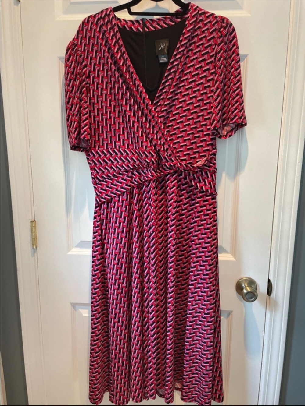 JH Midi Dress 14/16 Red Geometric Basketweave Print Short Sleeve V-Neck
